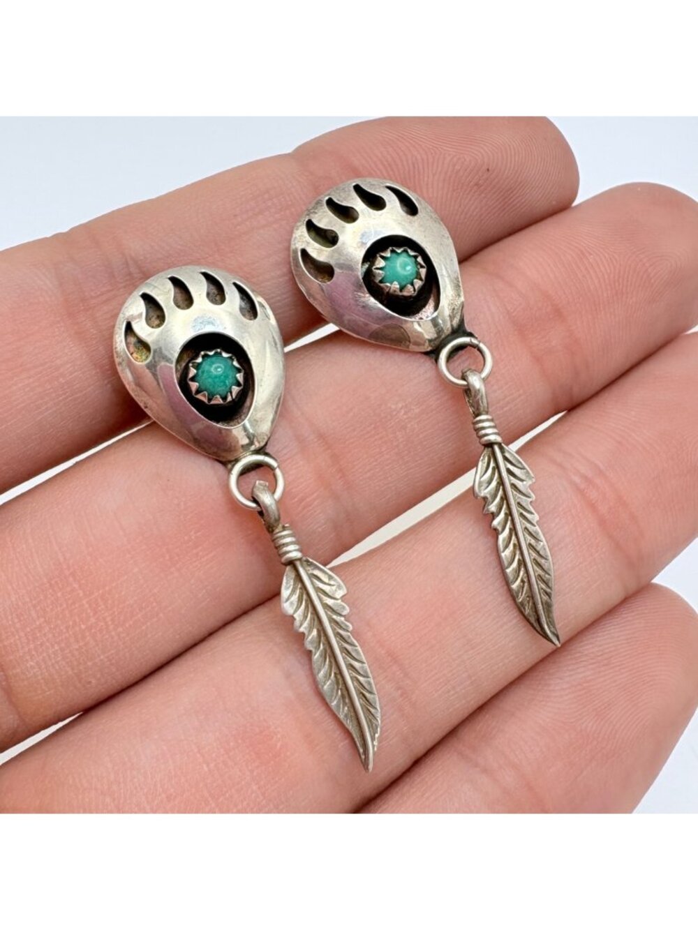 Shadowbox Turquoise Bear Claw Feather Dangle Earrings 925 Sterling Silver 1.5" L